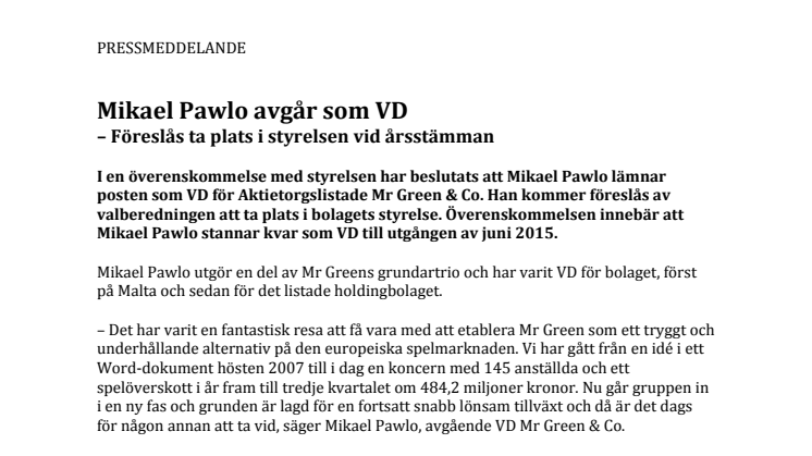 Mikael Pawlo avgår som VD