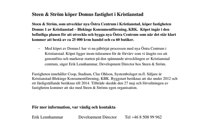 Steen & Ström köper Domus fastighet i Kristianstad