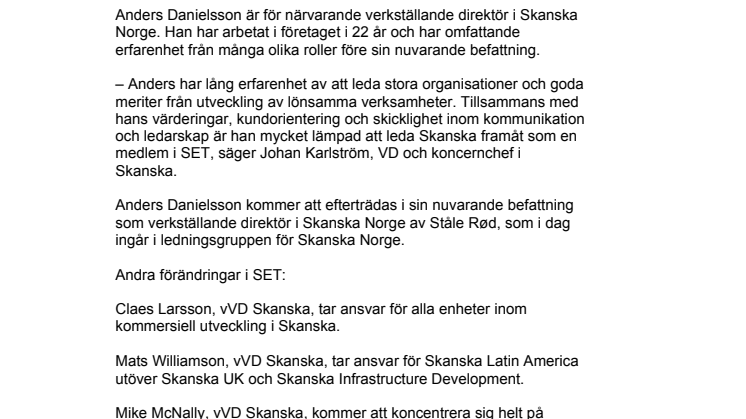Ny vice VD med ansvar för byggenheterna i Norden och ny verkställande direktör i Skanska Norge