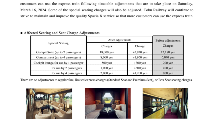 Partial Adjustments to Tobu Railway Limited Express Train ”Spacia X” Special Seating Charges