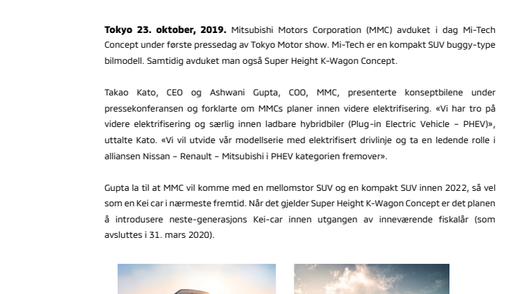 Verdenspremiere for Mitsubishi Motors Mi-Tech Concept, en elektrifisert buggy-SUV med gassturbinmotor, og Super Height K-Wagon Concept på Tokyo Motors Show