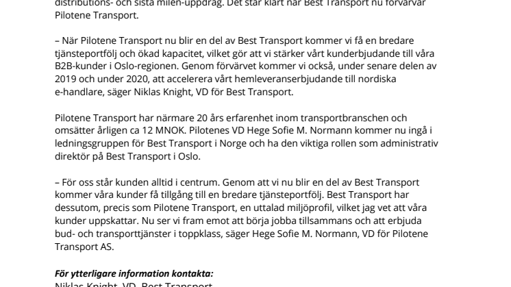 Förvärv av Pilotene Transport: Best Transport expanderar vidare