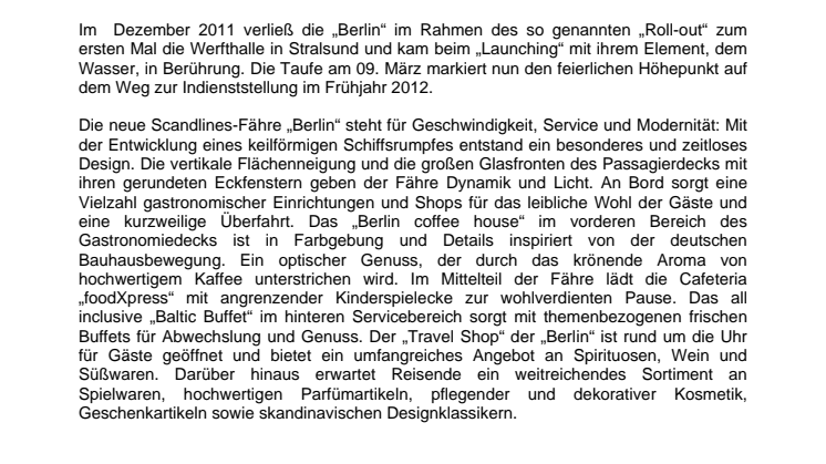 Scandlines-Fähre „Berlin“ wird am 09. März in Stralsund getauft