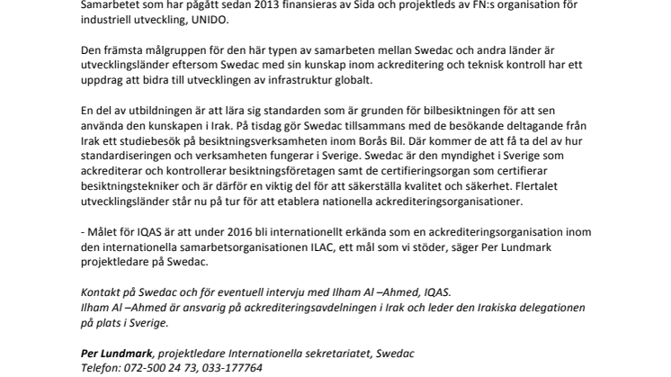 Irak vill lära av Sverige inom bilbesiktning	