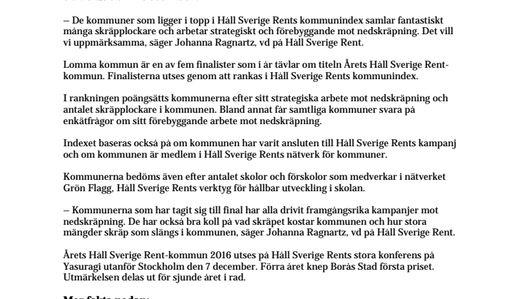 Lomma kan bli Årets Håll Sverige Rent-kommun