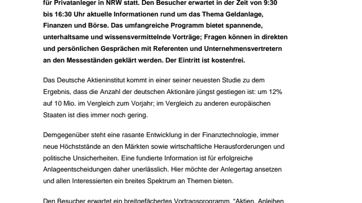 Anlegertag Düsseldorf, 10.03.2018 - Informationsbedarf steigt mit Anzahl der Aktionäre