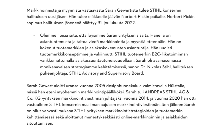 STIHL REKRYTOI SISÄISESTI SARAH GEWERTIN HALLITUKSEN JÄSENEKSI VASTAAMAAN MARKKINOINNISTA JA MYYNNISTÄ 1. TAMMIKUUTA 2023 ALKAEN.pdf