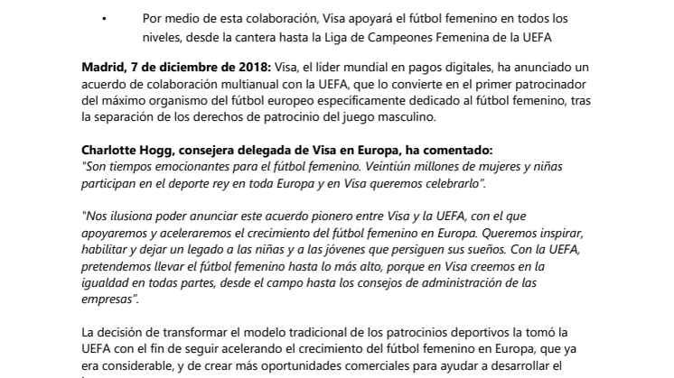 Visa firma con la UEFA un acuerdo pionero para el fútbol femenino