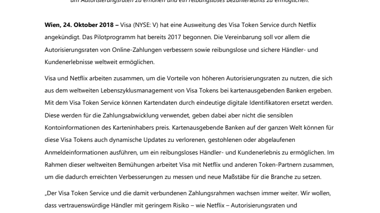 Visa baut Tokenisation-Partnerschaft mit Netflix aus, um das weltweite digitale Bezahlerlebnis zu verbessern