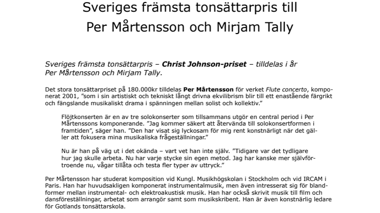 Sveriges främsta tonsättarpris till   Per Mårtensson och Mirjam Tally