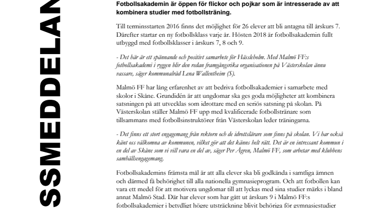 Malmö FF startar fotbollsakademi på Västerskolan