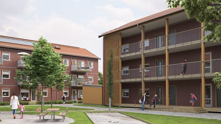 Illustration av innergård och entrésida på främre huset, BoKlok Skölden i södra Hemlingby, Gävle. 