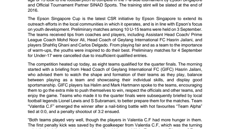Youth Footballers Win a 3-day Football Camp with Valencia CF Soccer School in Singapore as Under 15 Champion of the Inaugural Epson Singapore Cup