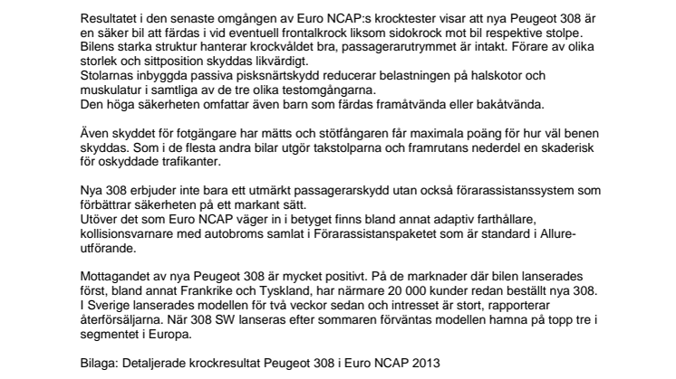 Nya Peugeot 308 får toppbetyg av Euro NCAP
