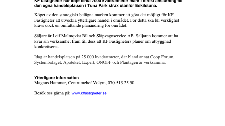 KF Fastigheter köper i Eskilstuna