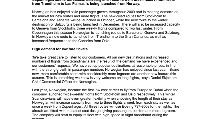 Norwegian to launch a number of new routes from Scandinavia in the winter