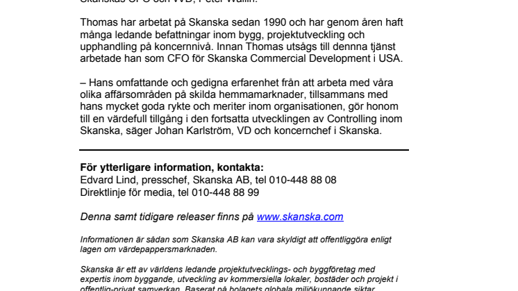 Thomas Henriksson utsedd till ny direktör för Controlling i Skanska