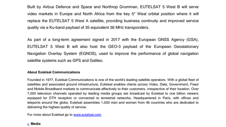 EUTELSAT 5 West B delivered to Baikonur Cosmodrome for pre-launch preparation