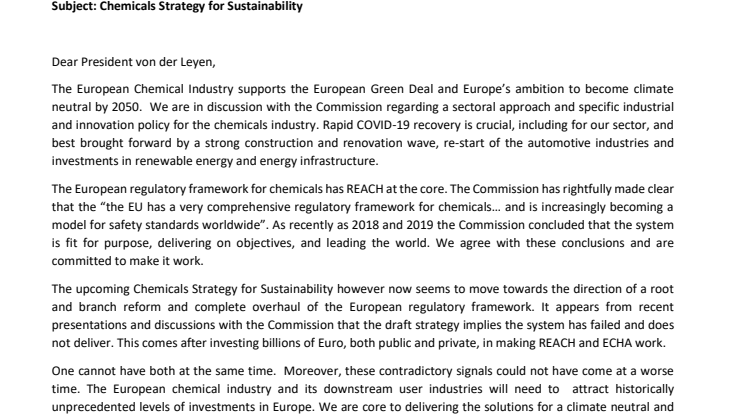 Joint letter to European Commission President on the Chemicals Strategy for Sustainability