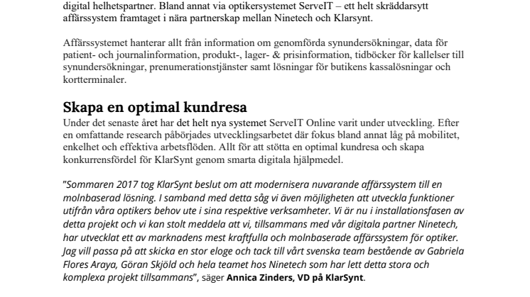 Ninetech levererar skräddarsytt, molnbaserat affärssystem till KlarSynt