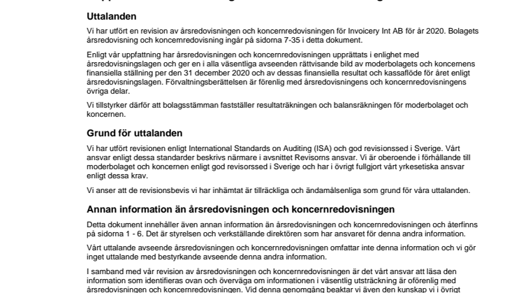 Revisionsberättelse Invoicery Int AB 2020