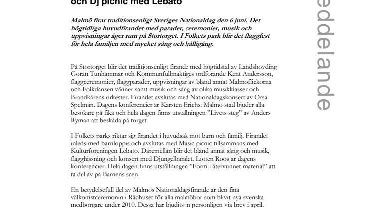 Nationaldagsfirande i Malmö; Flaggfest, Orsa Spelmän, Djungelbandet och Music picnic med Lebato