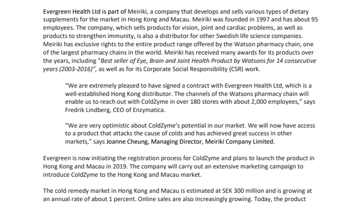 Enzymatica signs another agreement in Asia with Evergreen for Hong Kong and Macau