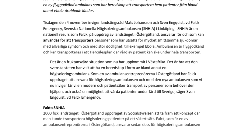 Falck inviger Svenska Nationella Högisoleringsambulansen 