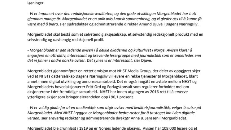 NHST Media Group blir aksjonær i Morgenbladet
