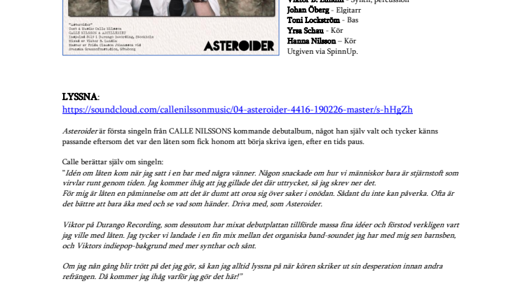 Calle Nilsson tillbaka: släpper singeln Asteroider 22 mars och debutalbumet i maj