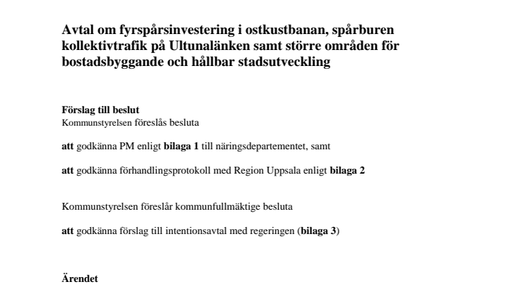 Avtal om fyrspårsinvestering, m m.