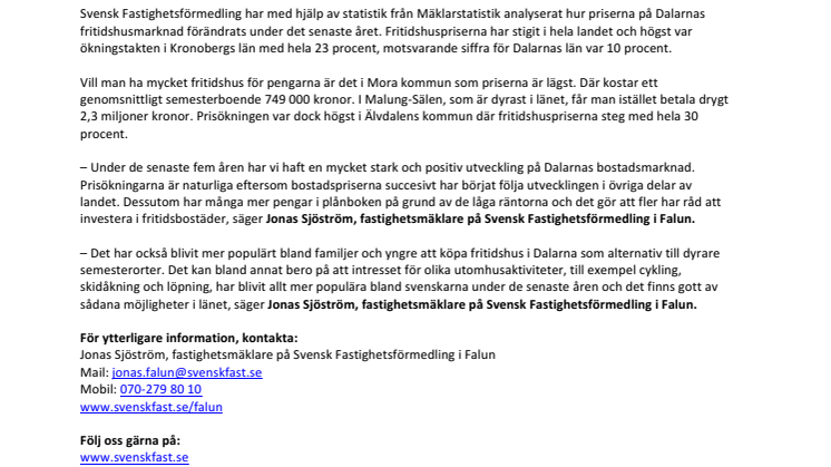 Högt tryck på fritidshusmarknaden i Dalarna 
