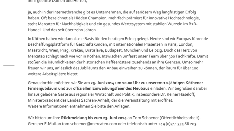 Mercateo Services GmbH: Einladung zur Einweihung des Neubaus & 10-jährigem Firmenjubiläum 