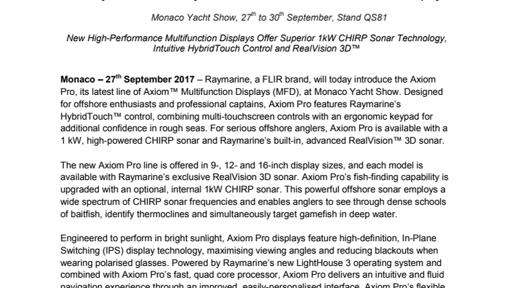 FLIR Systems to Show Raymarine Axiom Pro Advanced Multifunction Displays 