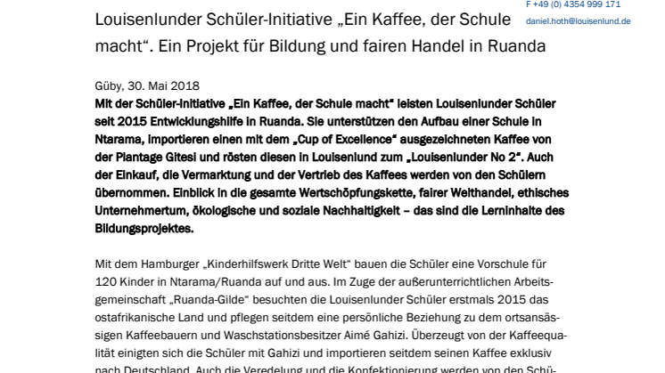 Louisenlunder Schüler-Initiative „Ein Kaffee, der Schule macht“ - ein Projekt für Bildung und fairen Handel in Ruanda