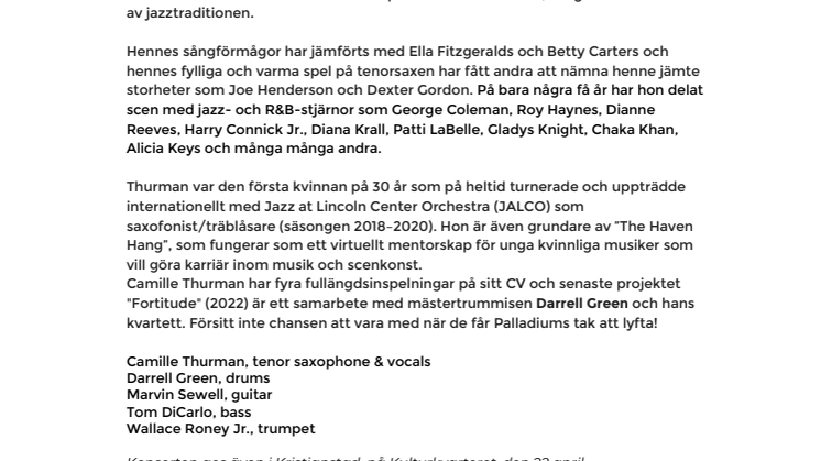 Lysande jazzstjärnan Camille Thurman med Darrell Green Quartet på Palladium 20 april