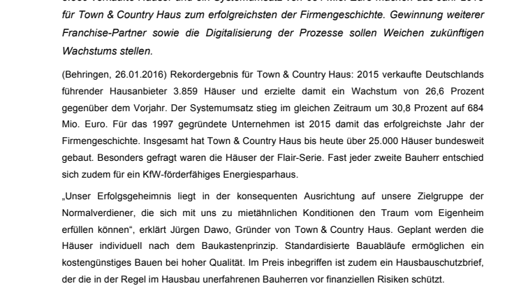 Franchise: Town & Country Haus verkauft erstmals über 3.800 Häuser
