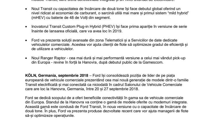 Ford va prezenta la Hanovra noua generație a gamei de vehicule comerciale Transit: electrificate și mai conectate ca niciodată