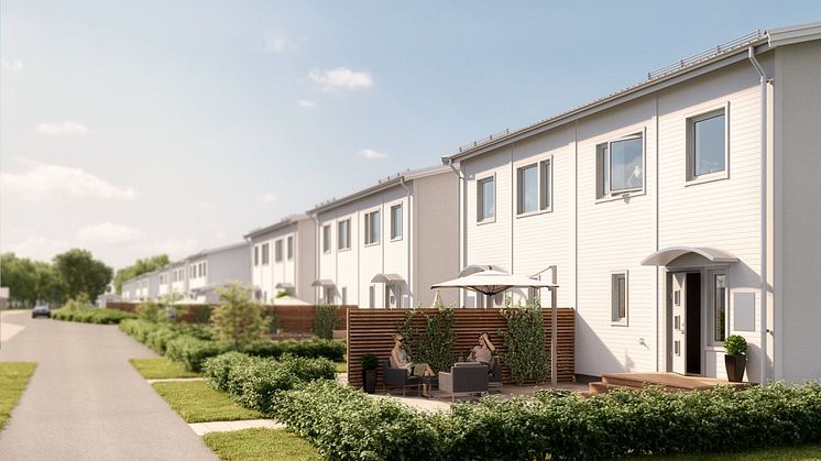 Brf Åsumtorp - 3D-bild av gatan och husens baksida