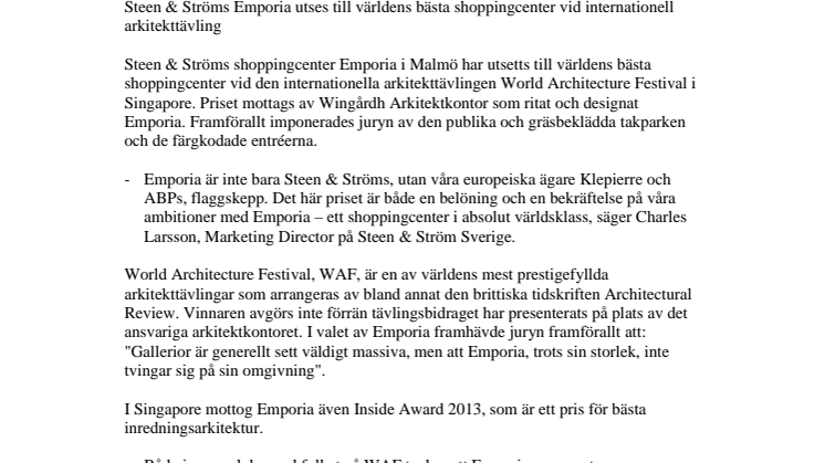 Steen & Ströms Emporia utses till världens bästa shoppingcenter vid internationell arkitekttävling
