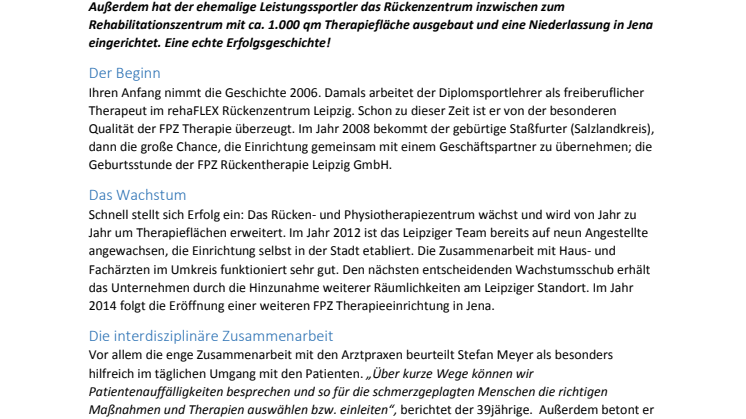 Auf Wachstumskurs - Die FPZ Rückentherapie Leipzig GmbH im Portrait