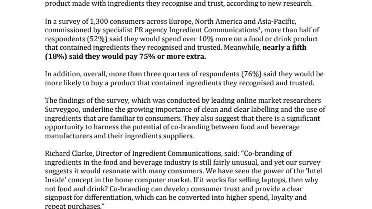 Press Release – Name Your Price: Nearly three quarters of consumers will  pay extra for ingredients they recognise