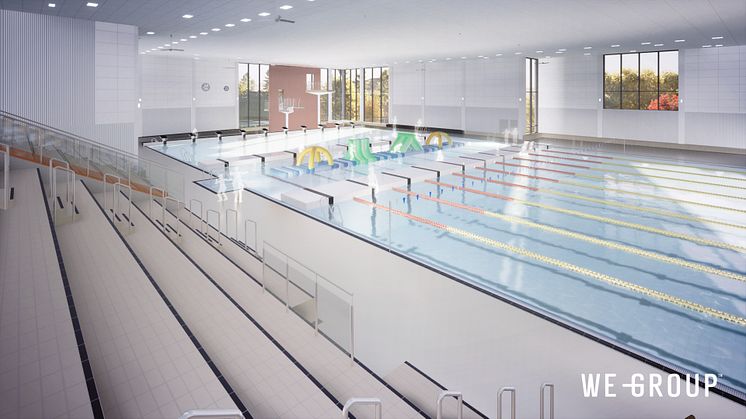 50-meters bassäng med hinderbana i Rimnersbadet. Arkitekt WeGroup.