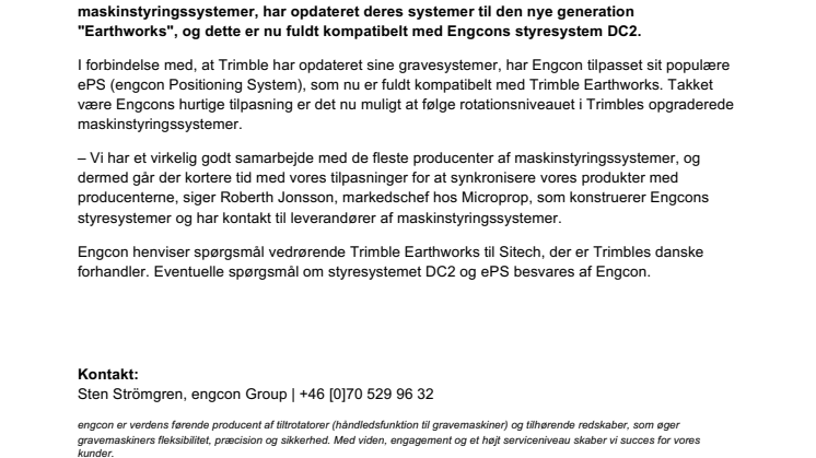 Engcon understøtter Trimbles nye maskinstyringssystem "Earthworks"