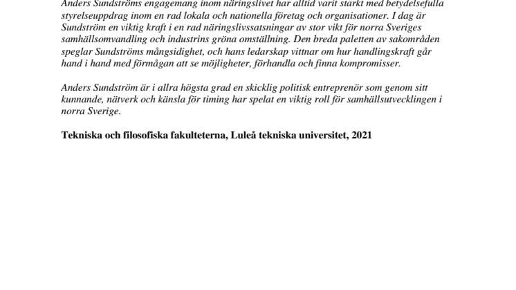 Teknologie och filosofie hedersdoktor vid Luleå tekniska universitet, 2021, Anders Sundström.pdf