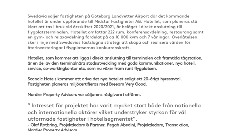 Nordier rådgivare när Swedavia avyttrar kommande hotellfastighet på Göteborg Landvetter Airport till Midstar 