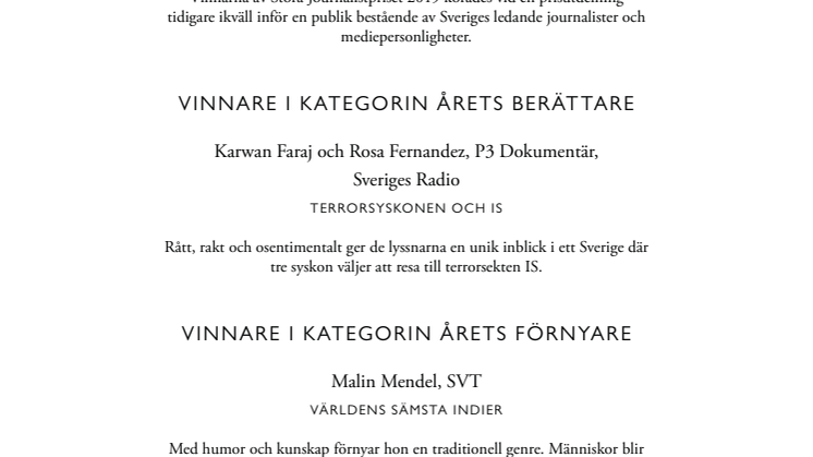 Vinnare av Stora Journalistpriset 2019