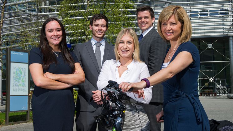 NBS Business Clinic students Aine Connolly, George Allen, Emma Stephenson and William Cooke with Jill Hopkirk from The Cycle Hub.