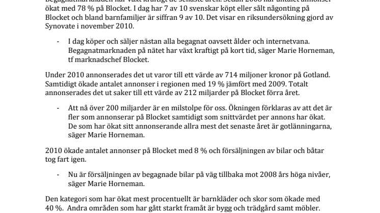 Gotlänningarna sålde på Blocket för 714 miljoner 2010 