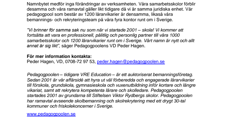 VRE Education byter namn till Pedagogpoolen – namnet är nytt allt annat är lika